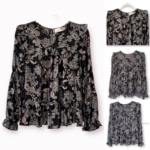 NEW Blouse Boho Tiered Ruffle Hem Swing Long Sleeves Crew Neck Elastic Cuffs - Picture 12 of 16